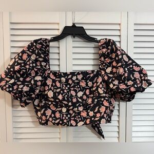 Little Moon Black Floral Puff Sleeve Blouse